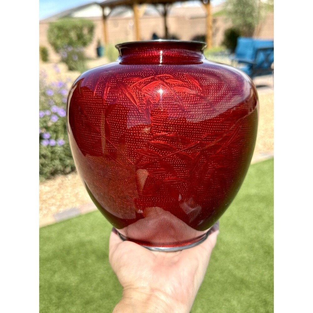 Signed Japanese Akasuke Pigon Blood Red Enamel Leaf Motif Cloisonne Ginbari vase